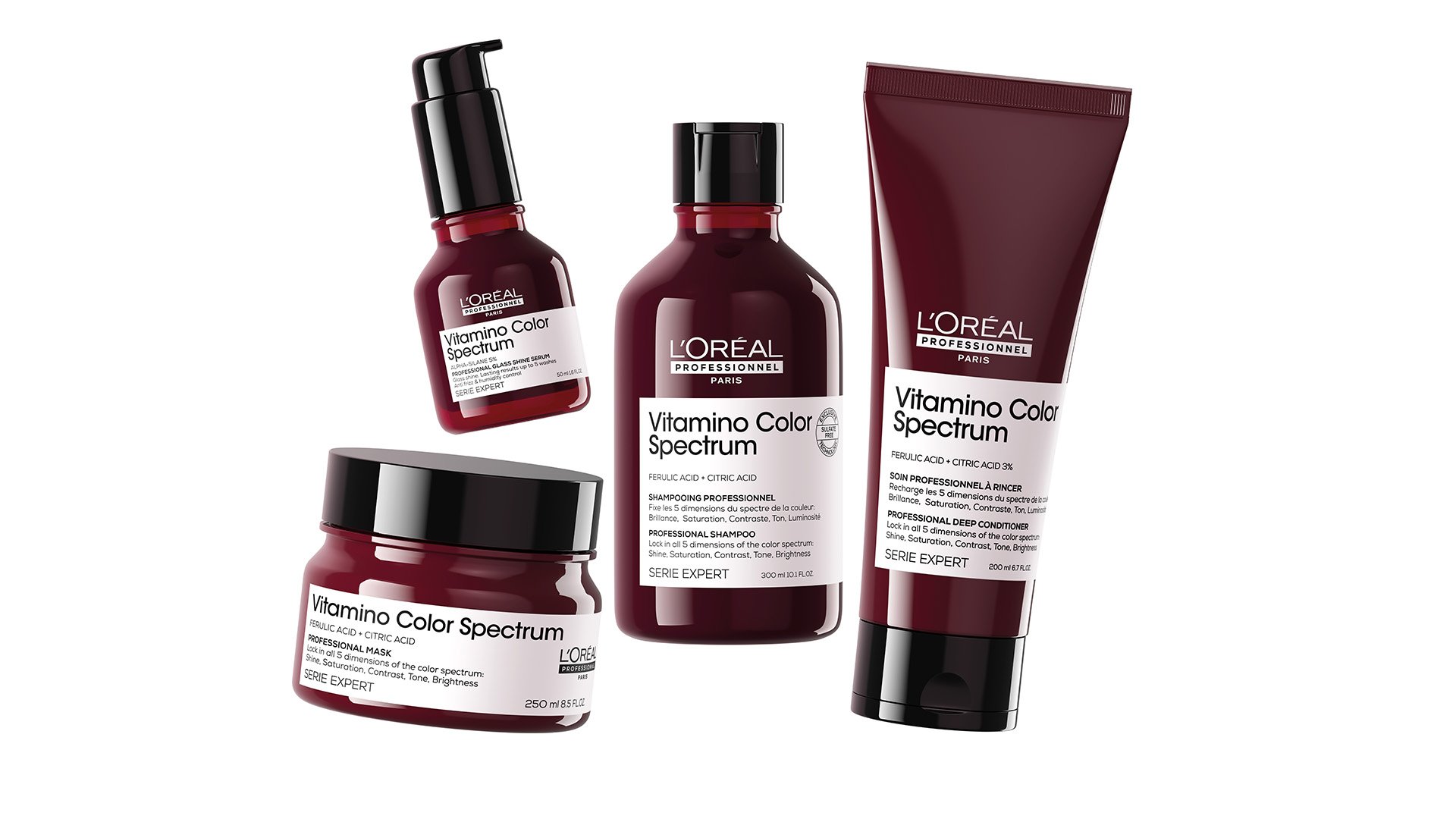 A group shot of Vitamino Color Spectrum haircare range for coloured hair, including shampoo, conditioner, hair mask and hair serum.