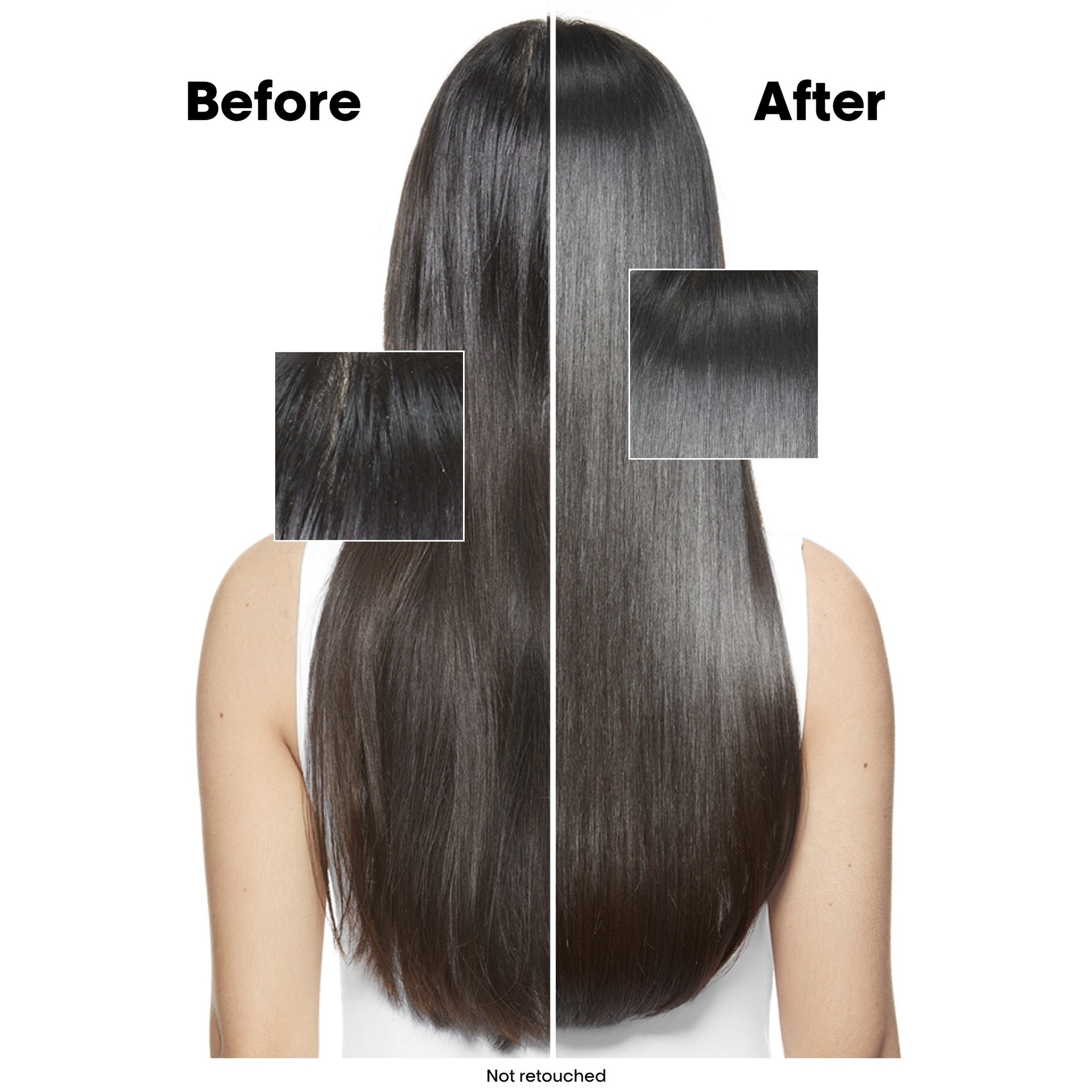 A before and after shot of a model with oily hair before and after using the L’Oréal Professionnel Anti-Oiliness Shampoo and Clay Mask. 