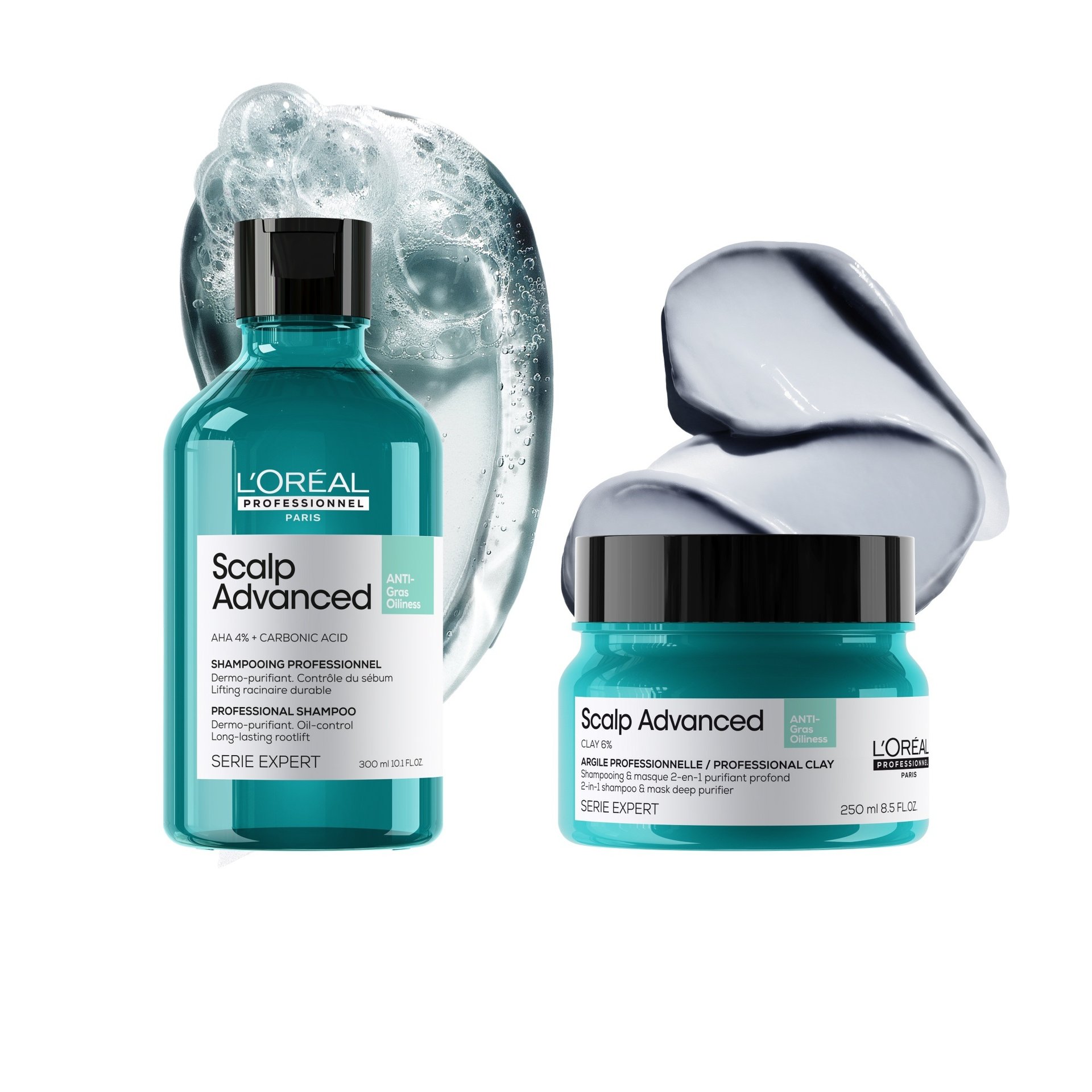 Brand imagery of L’Oréal Professionnel Scalp Advanced products in a row next to each other. 