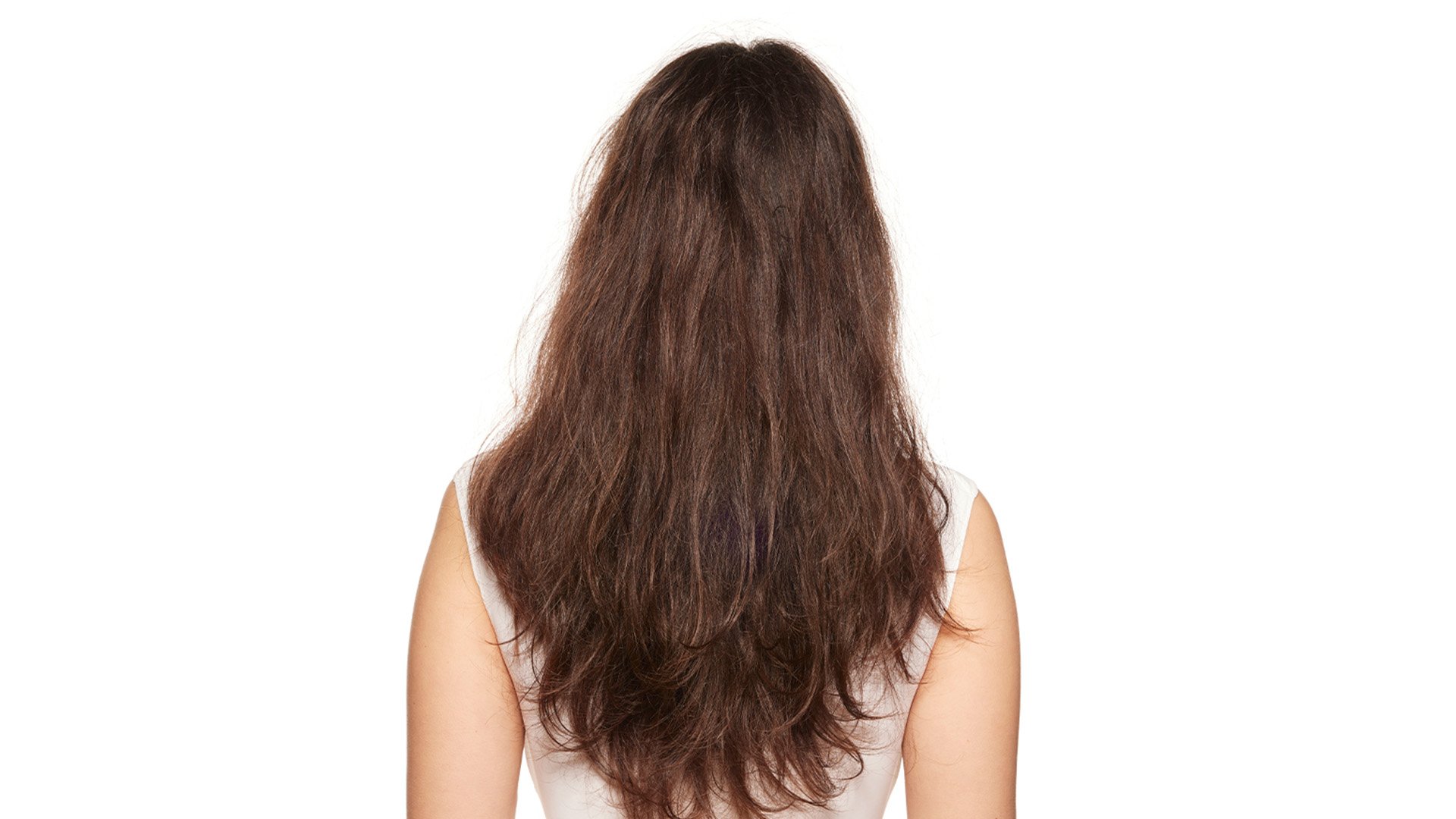 A woman with long dark hair and visible split ends