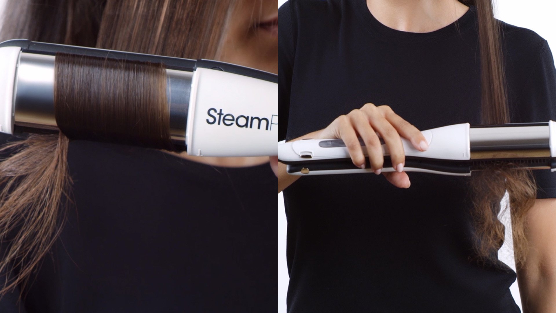 A woman heat styling her hair with hair straighteners, making it prone to split ends 