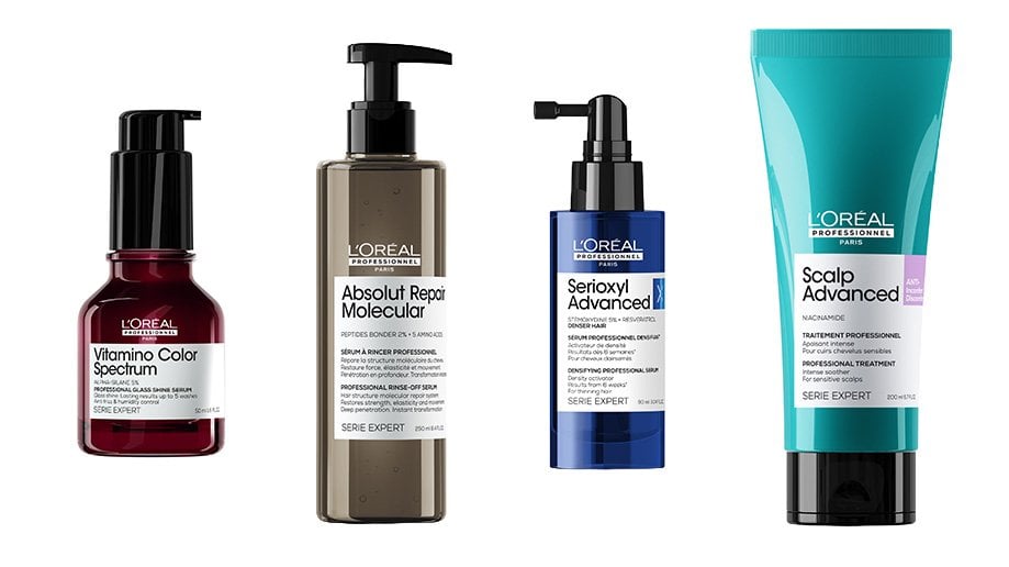 Promotional image showing Vitamino Color Spectrum Glass Shine Serum, [Absolut Repair Molecular] Rinse-off serum for damaged hair, [Serioxyl Advanced] Denser hair serum for thinning hair, and [Scalp Advanced] Intense soother Treatment for Anti-discomfort]