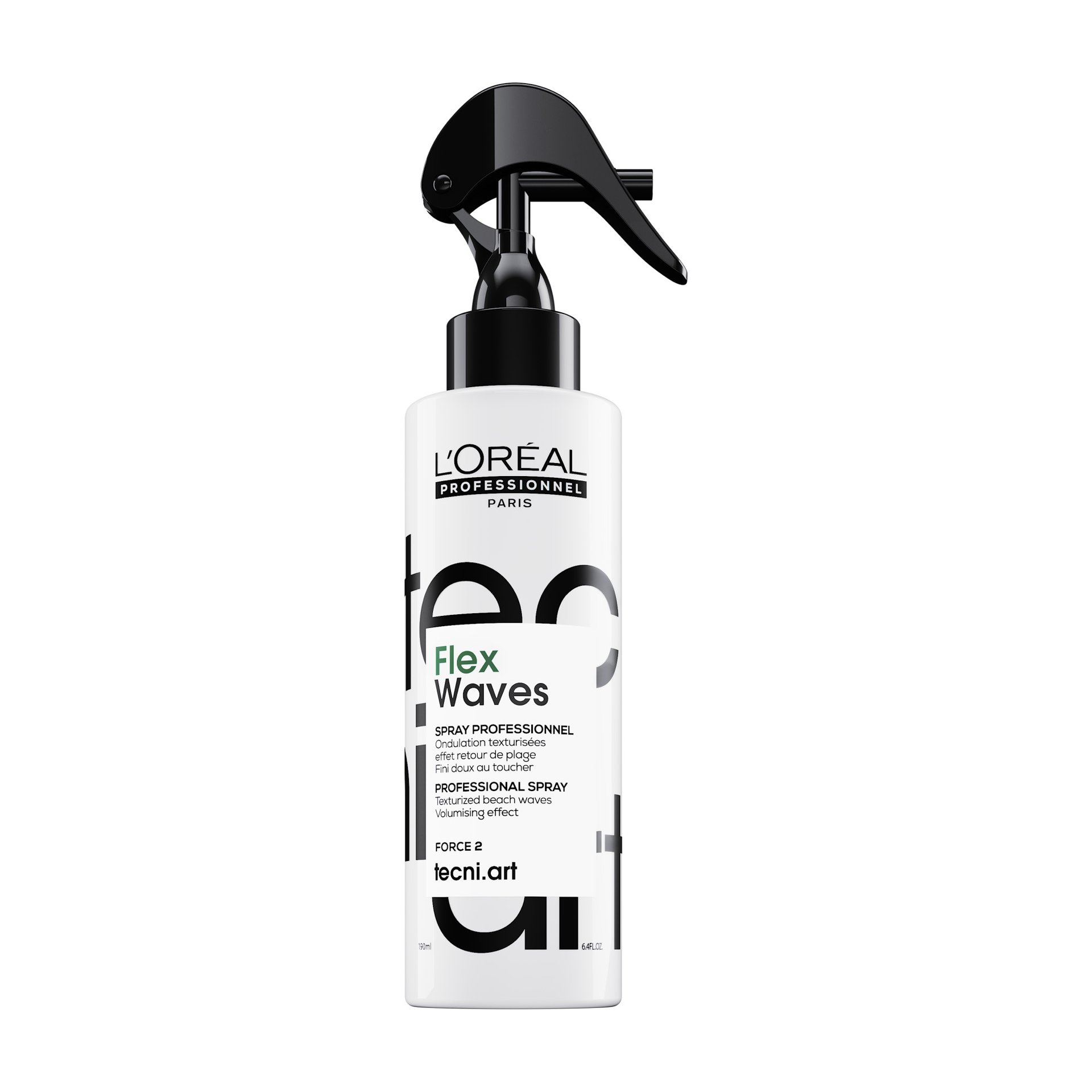 Bottle of LOreal Professionnel Tecni.Art Flex Waves texturising salt spray on a clean white background