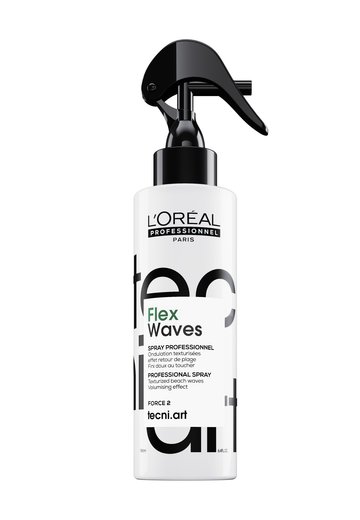 Bottle of LOreal Professionnel Tecni.Art Flex Waves texturising salt spray on a clean white background