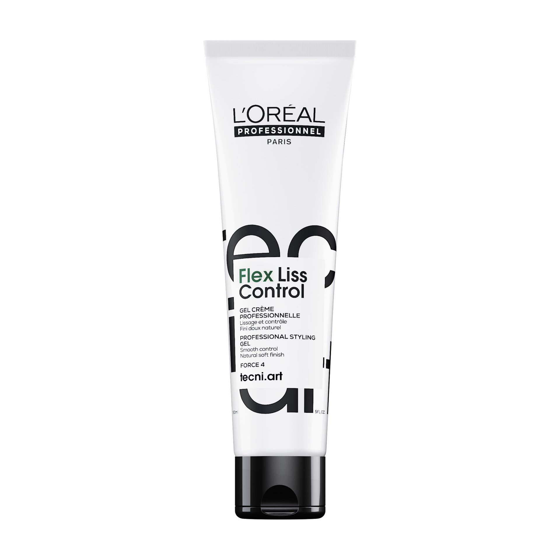 Bottle of LOreal Professionnel Tecni.Art Flex Liss Control styling gel for frizzy hair on a clean white background