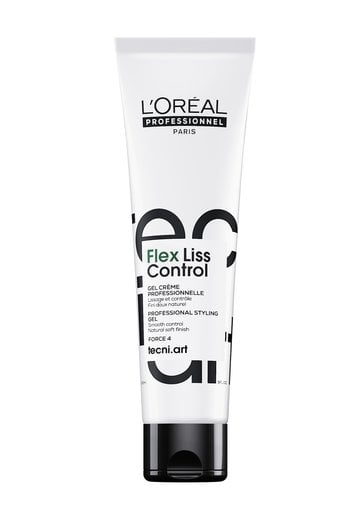 Bottle of LOreal Professionnel Tecni.Art Flex Liss Control styling gel for frizzy hair on a clean white background