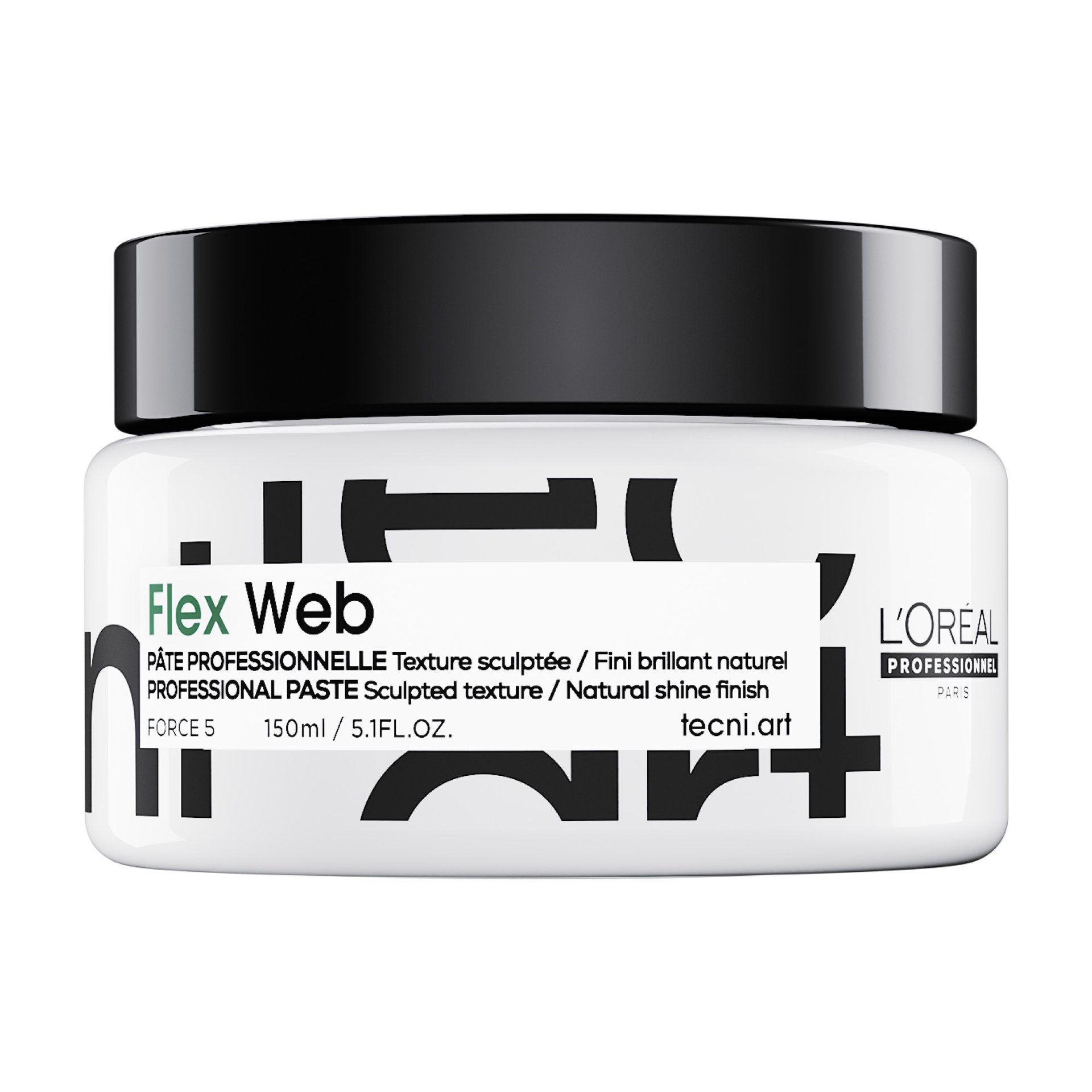 Jar of LOreal Professionnel Tecni Art Flex Web hair styling paste for sculpted texture, natural shine, and strong fixation on a clean white background.