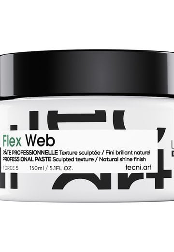 Jar of LOreal Professionnel Tecni Art Flex Web hair styling paste for sculpted texture, natural shine, and strong fixation on a clean white background.