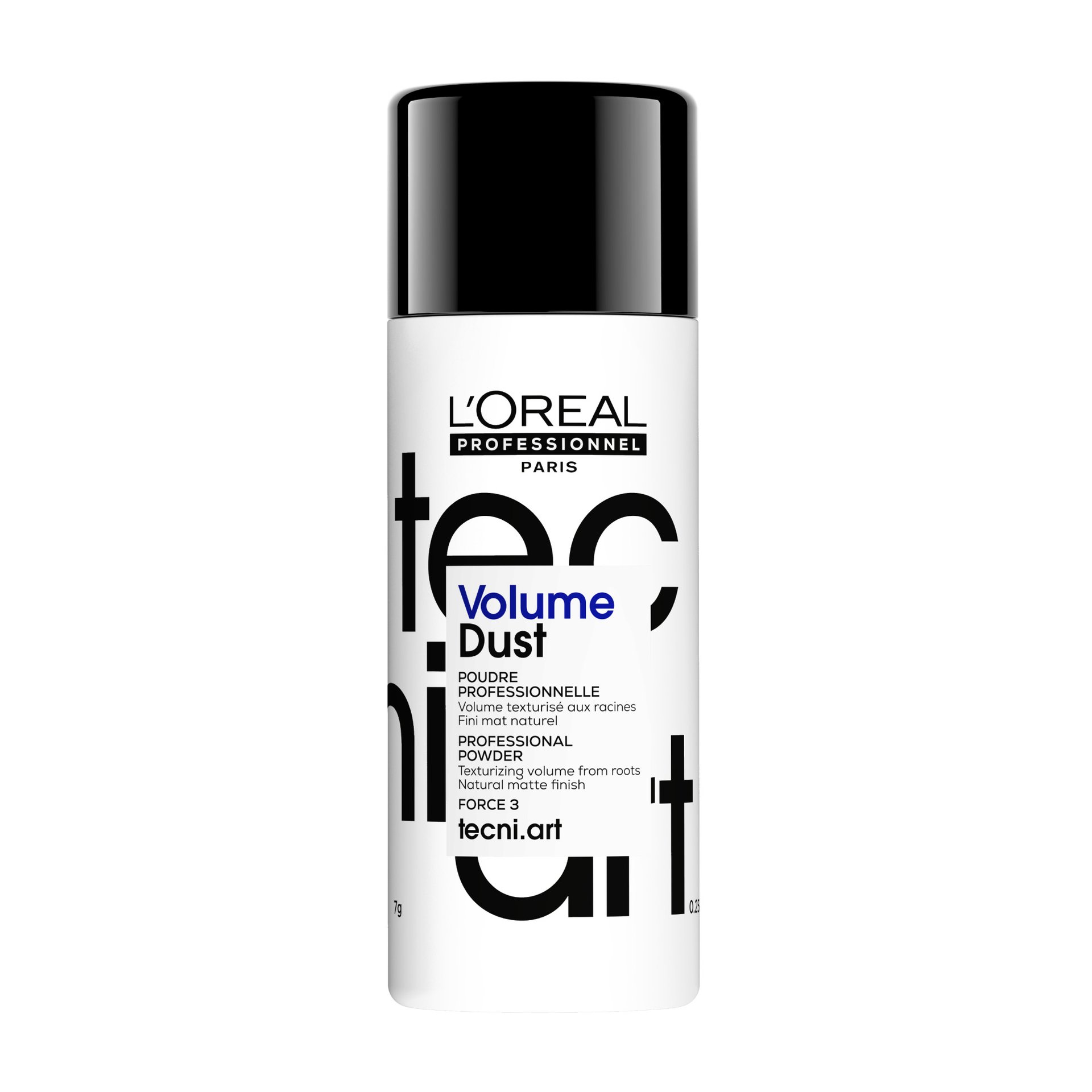 Bottle of LOreal Professionnel Tecni.Art Volume Dust, an ultra fine volumising powder for achieving big, XXL-volume hair, on a clean white background.