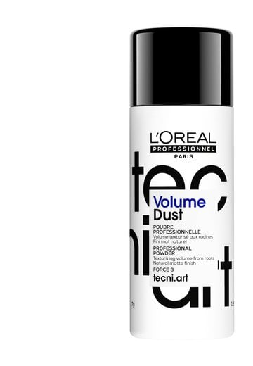 Bottle of LOreal Professionnel Tecni.Art Volume Dust, an ultra fine volumising powder for achieving big, XXL-volume hair, on a clean white background.