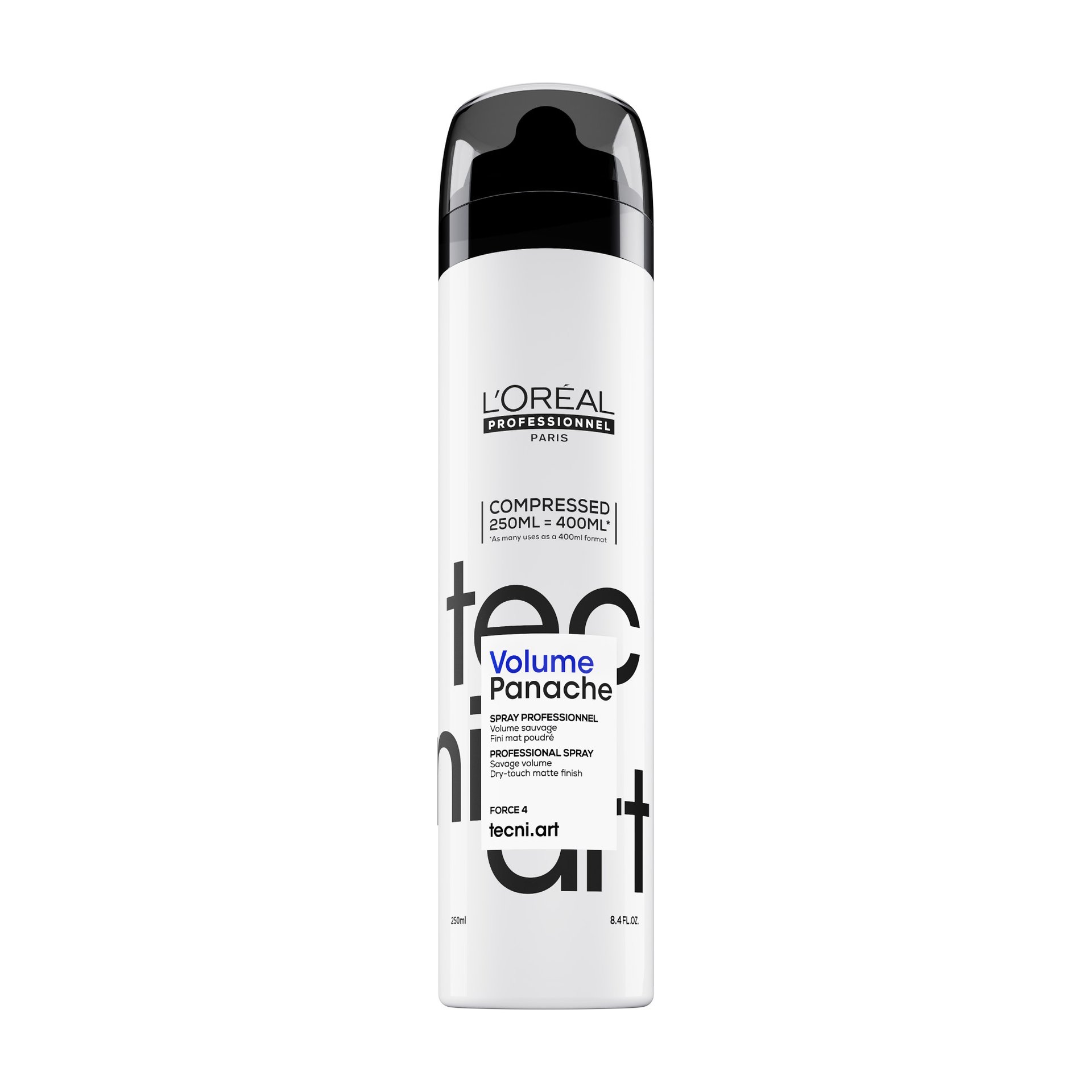 Bottle of LOreal Professionnel TecniArt Volume Panache hair powder spray for savage volume drytouch texture and a matte finish on a clean white background