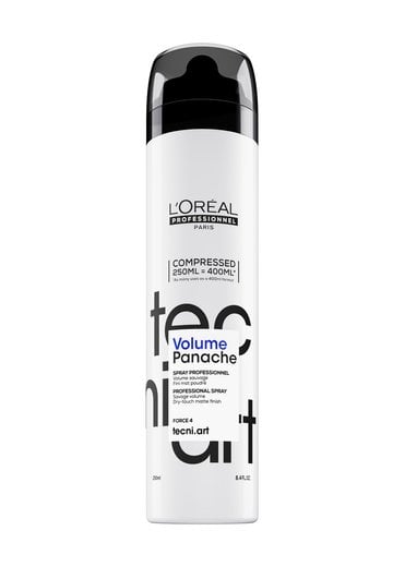 Bottle of LOreal Professionnel TecniArt Volume Panache hair powder spray for savage volume drytouch texture and a matte finish on a clean white background