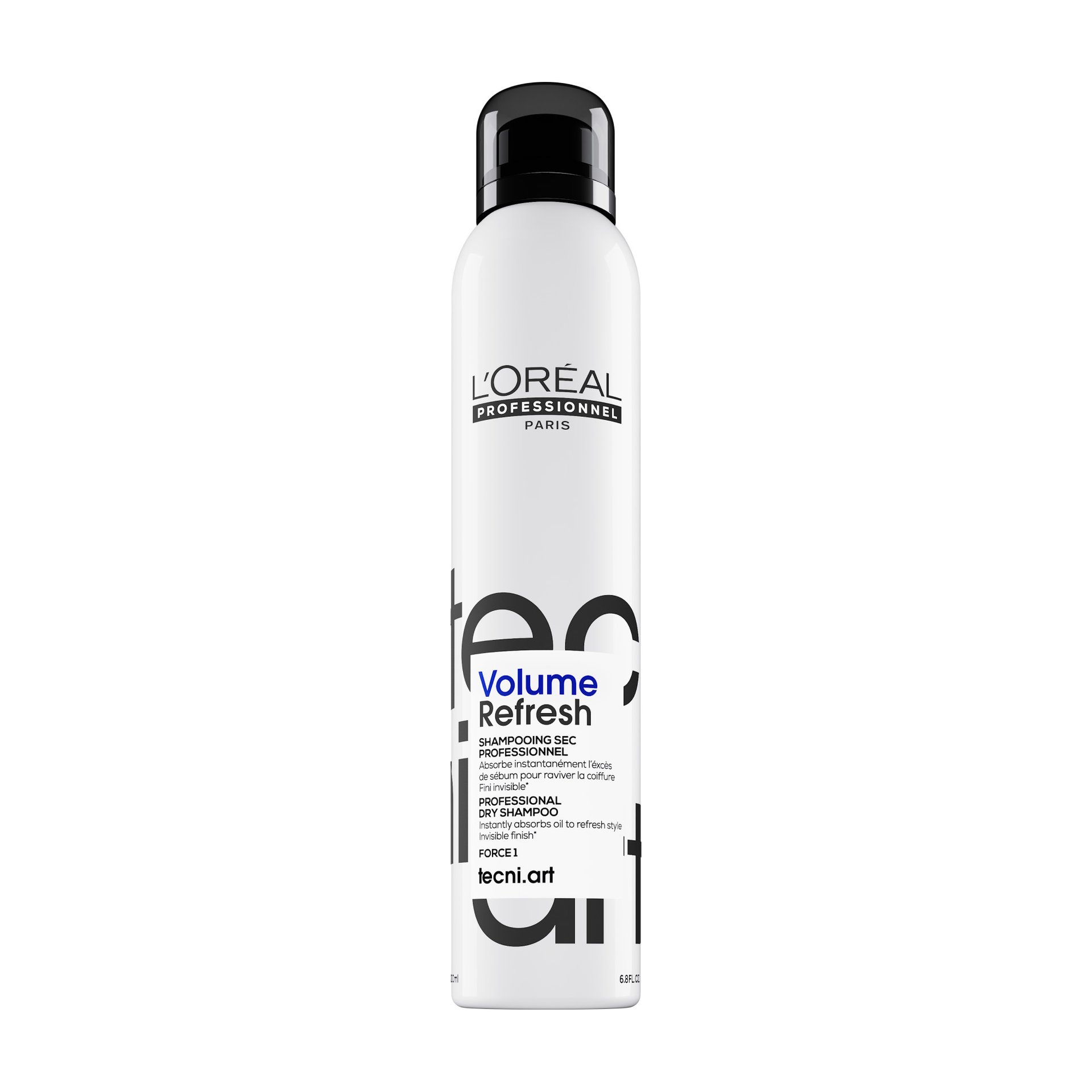 Bottle of L Oreal Professionnel Tecni Art Volume Refresh volumising dry shampoo on a clean white background