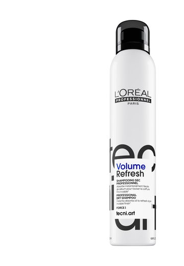 Bottle of L Oreal Professionnel Tecni Art Volume Refresh volumising dry shampoo on a clean white background