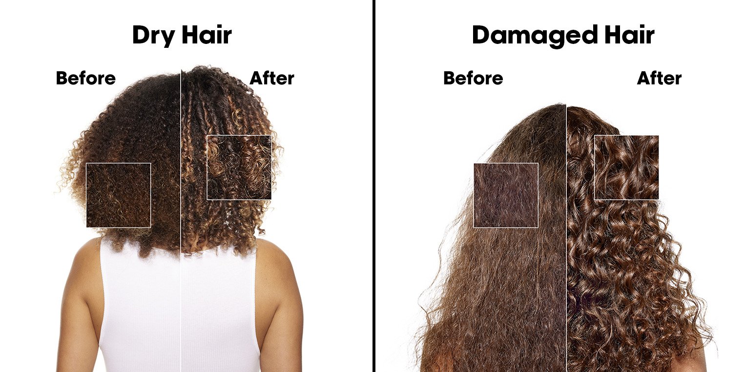 A side-by-side shot of damaged and dry hair, showing the differences in appearance between them.
