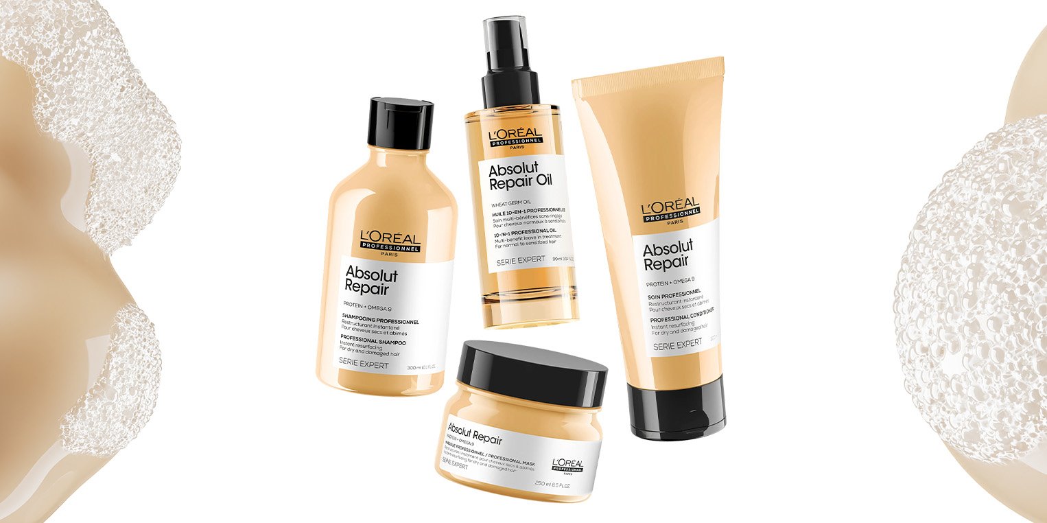 A product shot showcasing the Absolut Repair range for treating damaged hair. Products included are [name products].