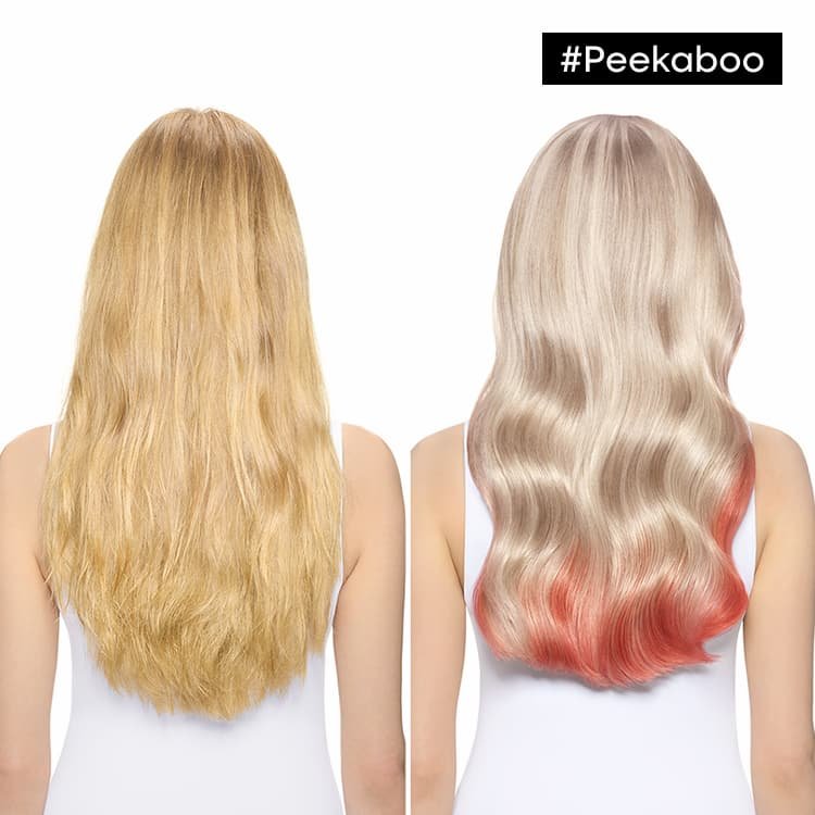Before and after of a woman’s hair using L’Oréal’s Mermaid Peekaboo shade for a hidden color reveal and vivid contrast effect